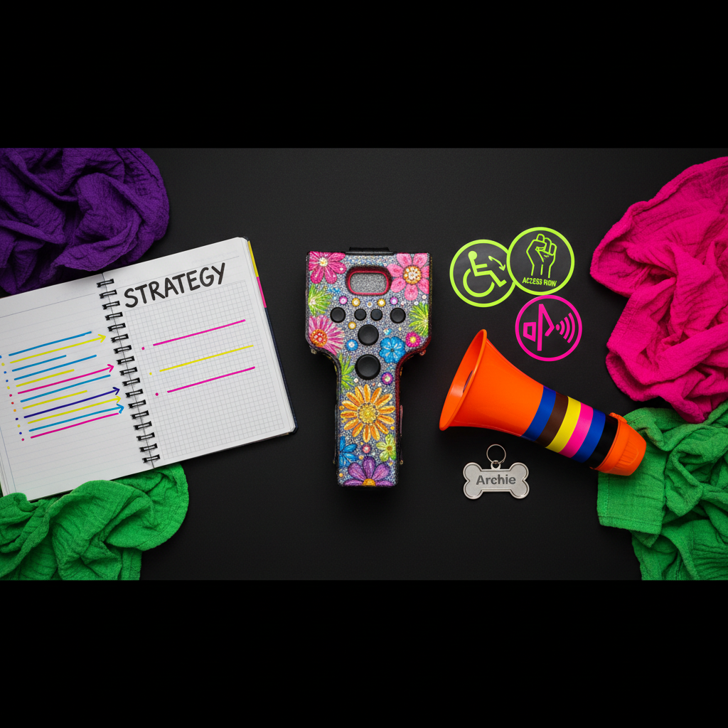 A bold flat-lay of disability protest essentials arranged on a matte black backdrop for strong contrast: a brightly decorated mobility aid control panel, neon stickers reading in icon form about access, a megaphone covered in disability pride flag colors, and a dog harness tag engraved “Archie.” Surrounding them are textured fabrics in deep purple, acid green, and hot pink, with a small notebook labeled “strategy” lying open beside color-coded markers. Overhead photographic shot with sharp focus throughout, lit by even studio lighting that creates crisp edges and saturated colors. The composition feels organized yet playful, like a toolkit for disabled women leading every revolution, suitable as a blog hero or social banner image.