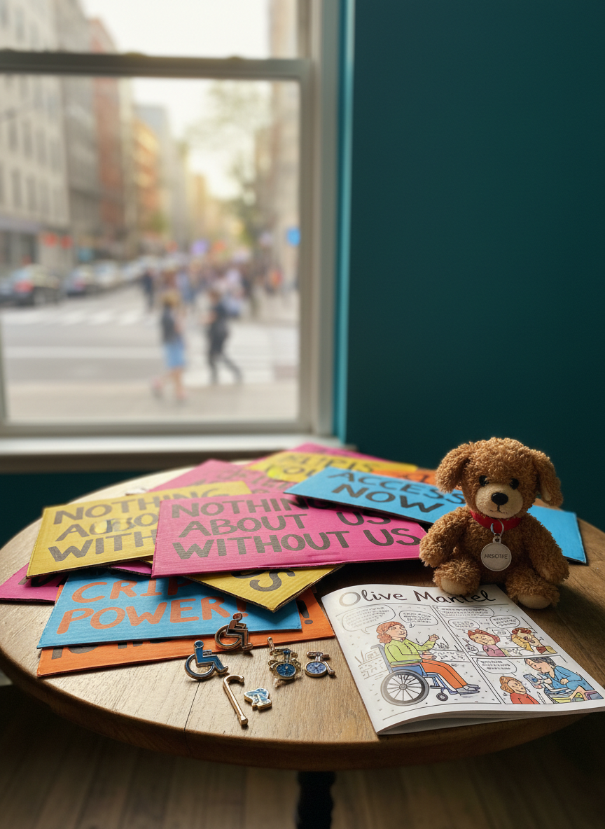 A symbolic revolution planning table with no humans present: a circular wooden table covered in brightly colored protest signs, enamel pins shaped like wheelchairs and canes, and a cheerful illustrated zine titled “Olive Martel” propped open beside a small plush dog labeled “Archie” on its collar tag. The table sits in front of a large window overlooking a lively city street with blurred movement suggesting a march. Strong contrast between deep teal walls and vivid yellows and pinks on the table creates an energetic, playful atmosphere. Photographic realism, eye-level composition, soft afternoon light streaming in to highlight the textures of cardboard, fabric, and paper, with a shallow depth of field keeping the focus on disability culture objects as the heart of the revolution.