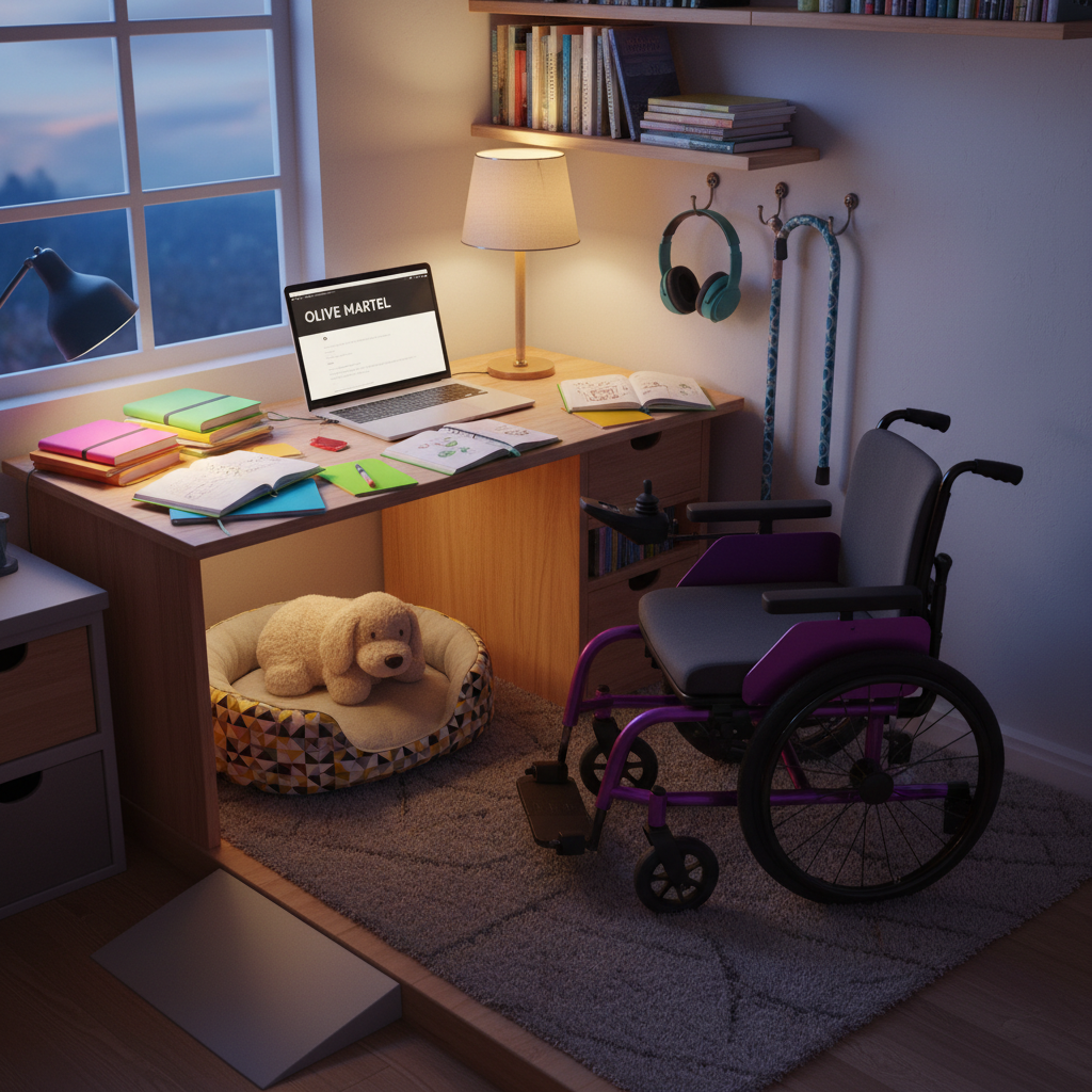 A cozy, accessible writing nook where disability culture is centered, with no humans present: a power wheelchair parked beside a low desk covered in colorful notebooks, a laptop displaying a blank blog editor titled “olive martel,” and a plush toy dog named Archie curled in a rounded pet bed with bright contrasty fabric. A patterned cane and noise-cancelling headphones rest on a hook by the desk. The space glows with warm lamplight and a hint of cool evening light from a nearby window, casting gentle shadows. Shot in photographic realism from a slightly elevated angle, the mood is playful and inviting, emphasizing tools of creativity and access as protagonists of the scene.